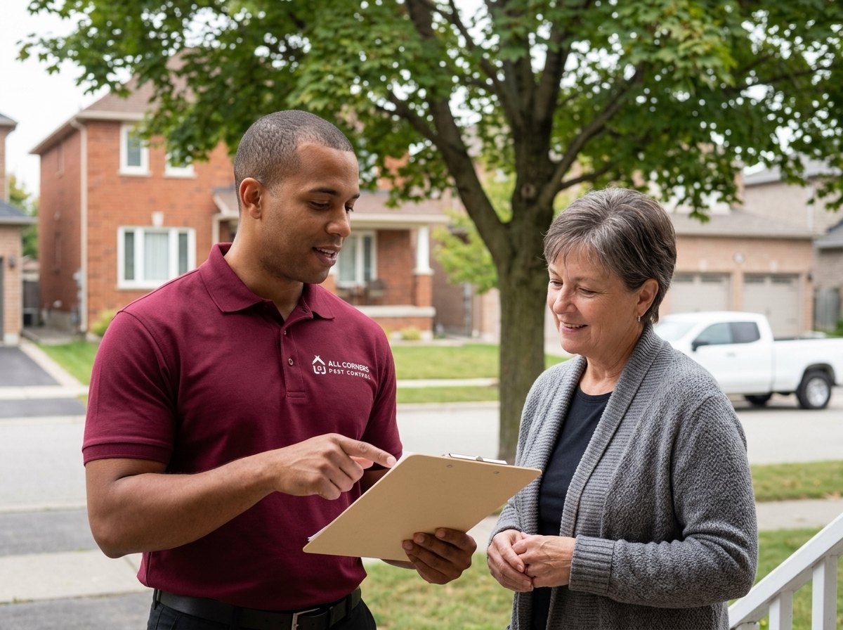 An All Corners technician walking a homeowner through the plan on her front porch