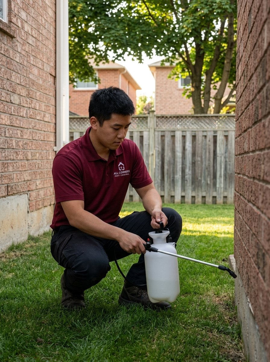An All Corners technician treating the foundation of a brick home in Hamilton